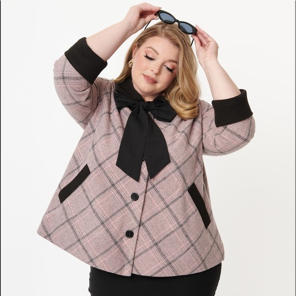Unique Vintage Jackets & Blazers - Unique Vintage Plus Size Pink Plaid Ahoy There Short Swing Coat 2X/18
